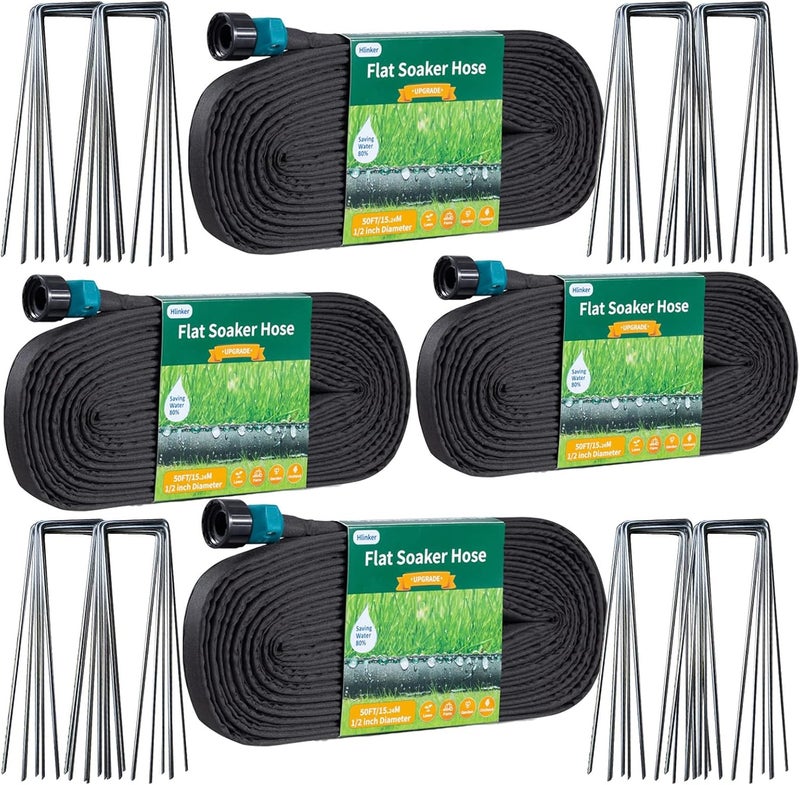 Hlinker 2026 Flat Soaker Hose 200 ft (50ft 4Packs) with Stake for Garden, Linkable Drip Hose Diy Automates Garden Irrigation System Saving 90% Water, Dual-layer Leak-free Design Water Hose with Holes - Image 1